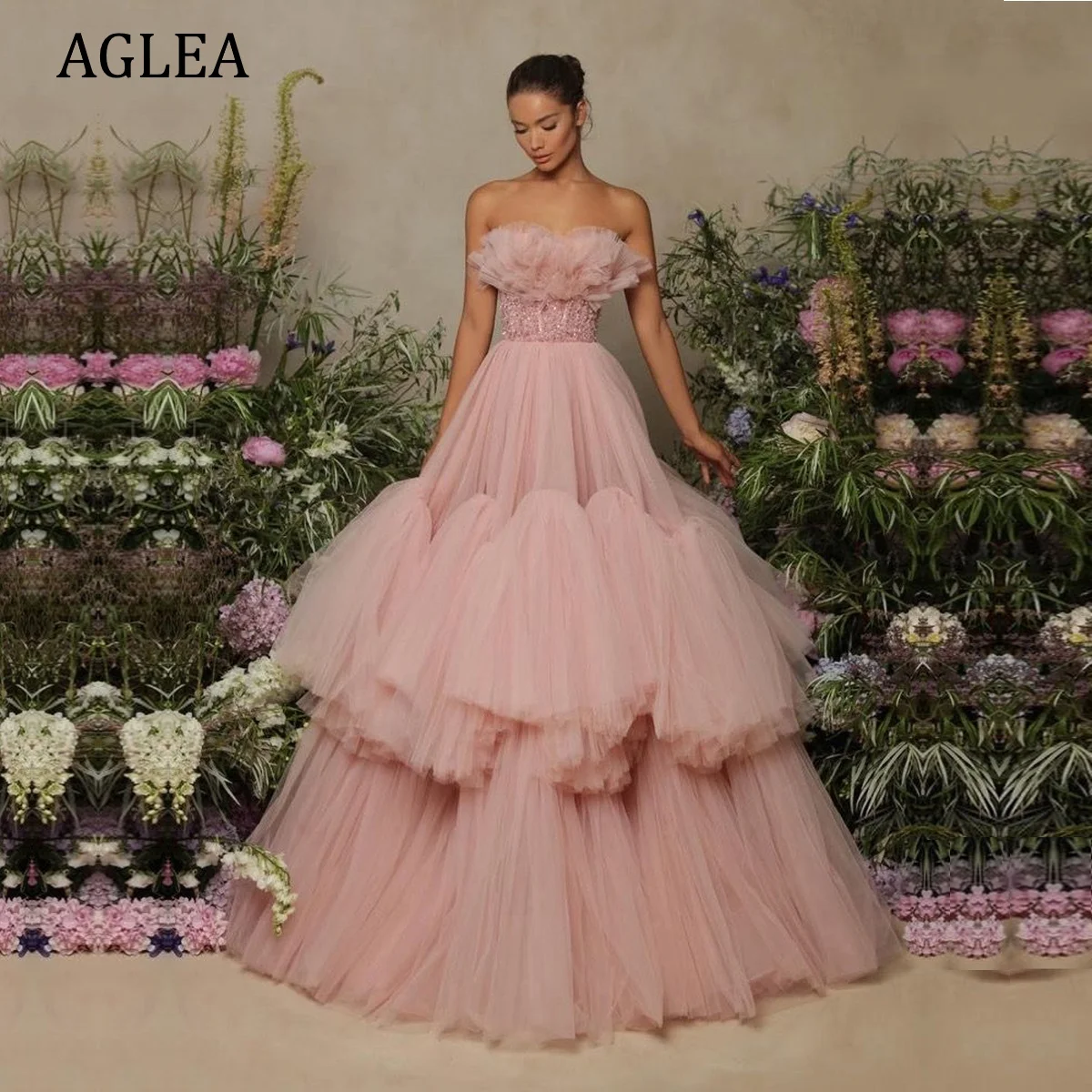 

AGLEA Evening Dresses Formal Occasion Elegant Party for Women Prom Floor Length Strapless Beaded Princess Ruffle Empire Tiered