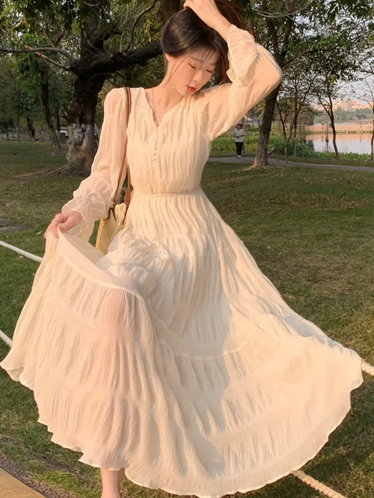 

Elegant Maxi Dress Women Chiffon Flare Sleeve A-line French Vintage Autumn Spring Korean Fashion Casual Solid Robe Vestidos New