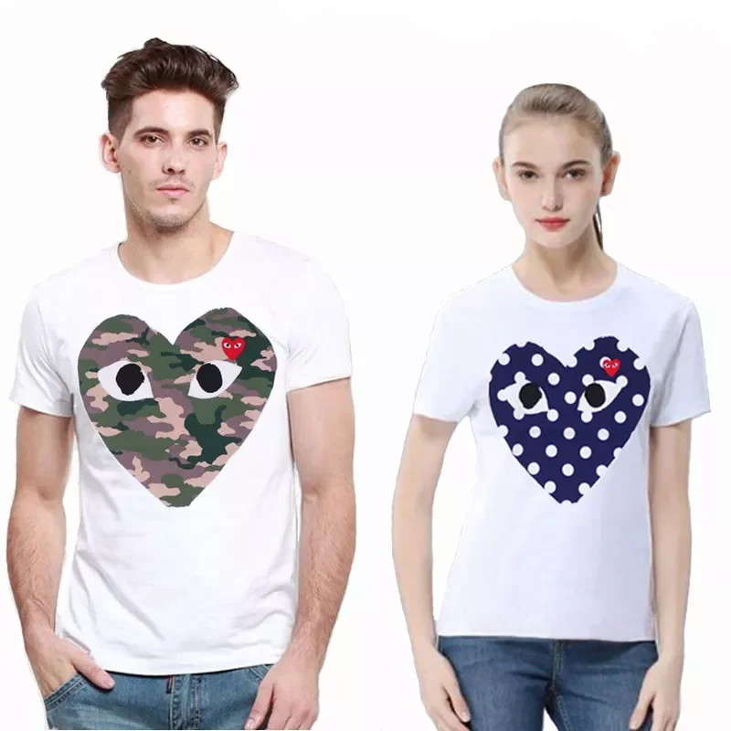 

2022NEW Des Garcons Summer T-Shirt Cotton Dot Camouflage Print Heart Eye Embroidery O-Neck Short Sleeve Couple Casual T-Shirt