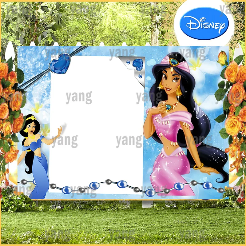 Lovely Children Happy Birthday Disney Blue Gemstone Aladdin Jasmine Backdrop Princess Cartoon Decoration Background Baby Party