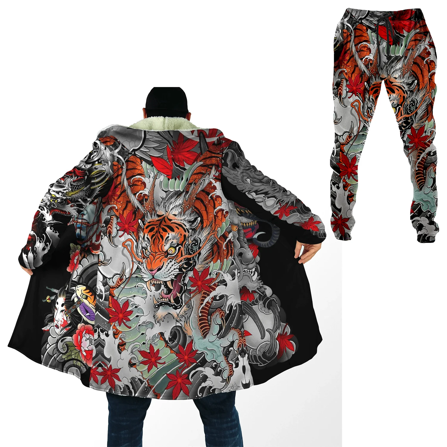 

Japan Samurai Mask Tattoo Thick Warm Hooded Cloak Sweatpants Combo Set Overcoat Coat Windproof Fleece Unisex Joggers Trousers-7