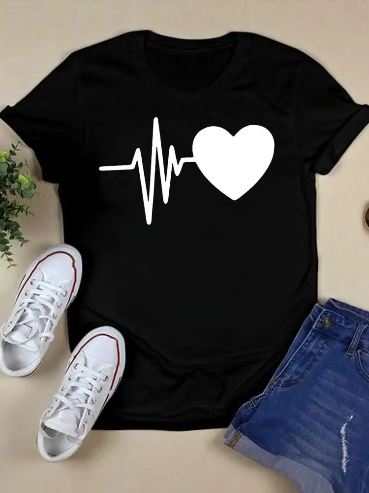 

Женская футболка с рисунком сердцебиения Love, черная футболка с коротким рукавом и принтом, летняя одежда