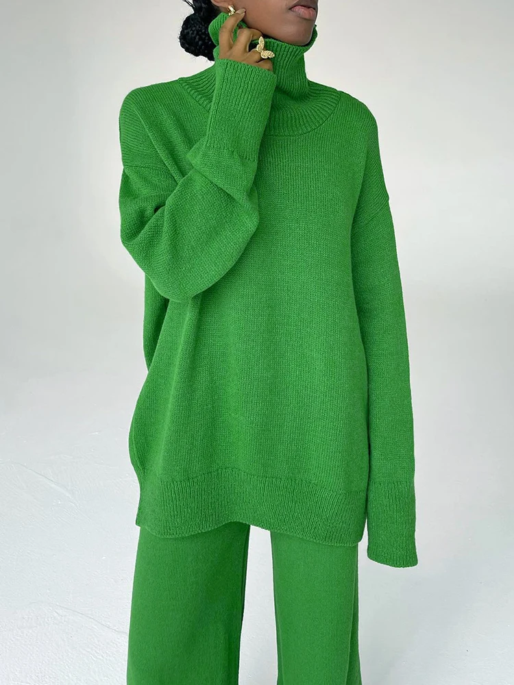 

Зимняя женская одежда CamKemsey, комплект из 2 предметов, толстый теплый свитер с высоким воротником и эластичные свободные трикотажные широкие брюки с высокой талией