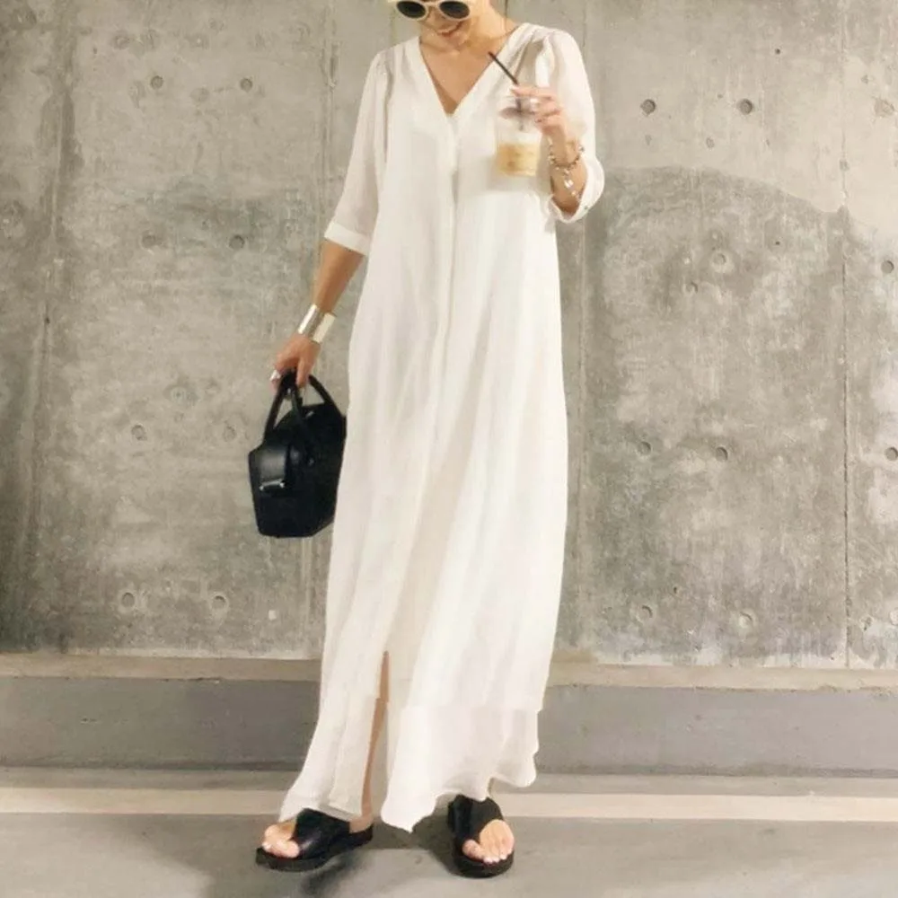 

Minimalism Fashion Women Dress Solid Color V-neck Half Sleeve Slim Pullover Single-breasted Elegant Chic Ladies Leisure Dress