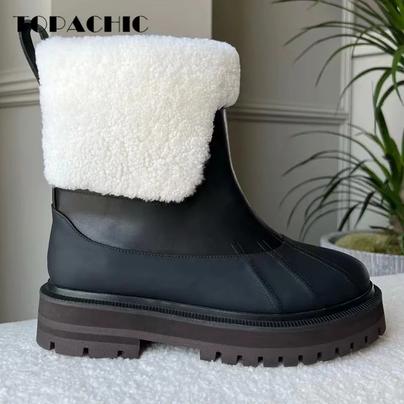 

9.8 TOPACHIC New Women's Winter Thick Lambswool Keep Warm Ankle Shoes Genuine Cowhide Spliced Sheep Fur Snow Boots