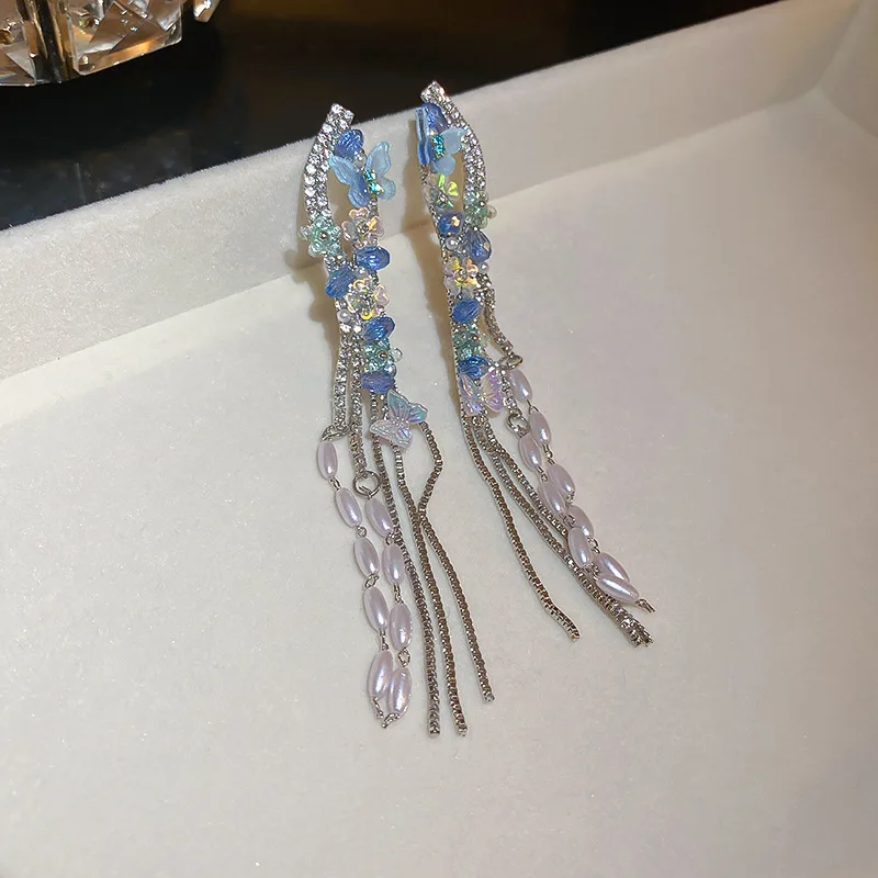 

Minar Exquisite Shinning Rhinestones Crystal Long Dangle Earrings for Women Simulated Pearl Butterfly Flower Tassel Earring Gift