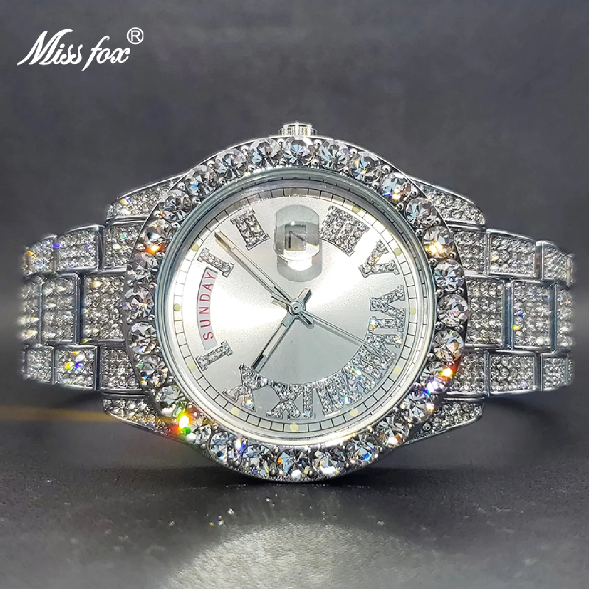 

Men's Watches Luxury Diamond Iced Out Adjust Date Day Waterproof Quartz Watch For Male Female White Red Pink Dial Dropshipping