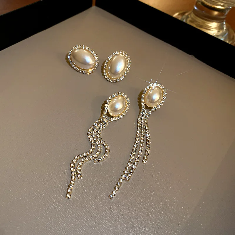 

Classic Oval Round Pearl Earrings For Women Party Wedding Accessories Rhinestone Chain Tassel Long Pendientes Mujer Brinco Gift