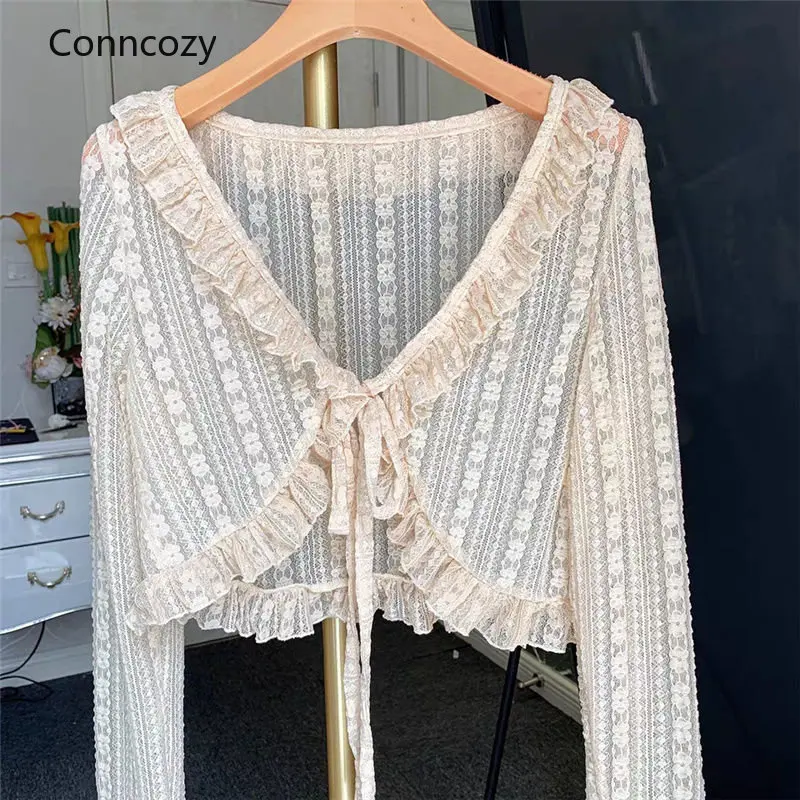 

Apricot Lace Blouses Women Summer Thin Ruffles Vintage Breathable Mesh Cropped All-match Basic Tender Retro Female Aesthetic