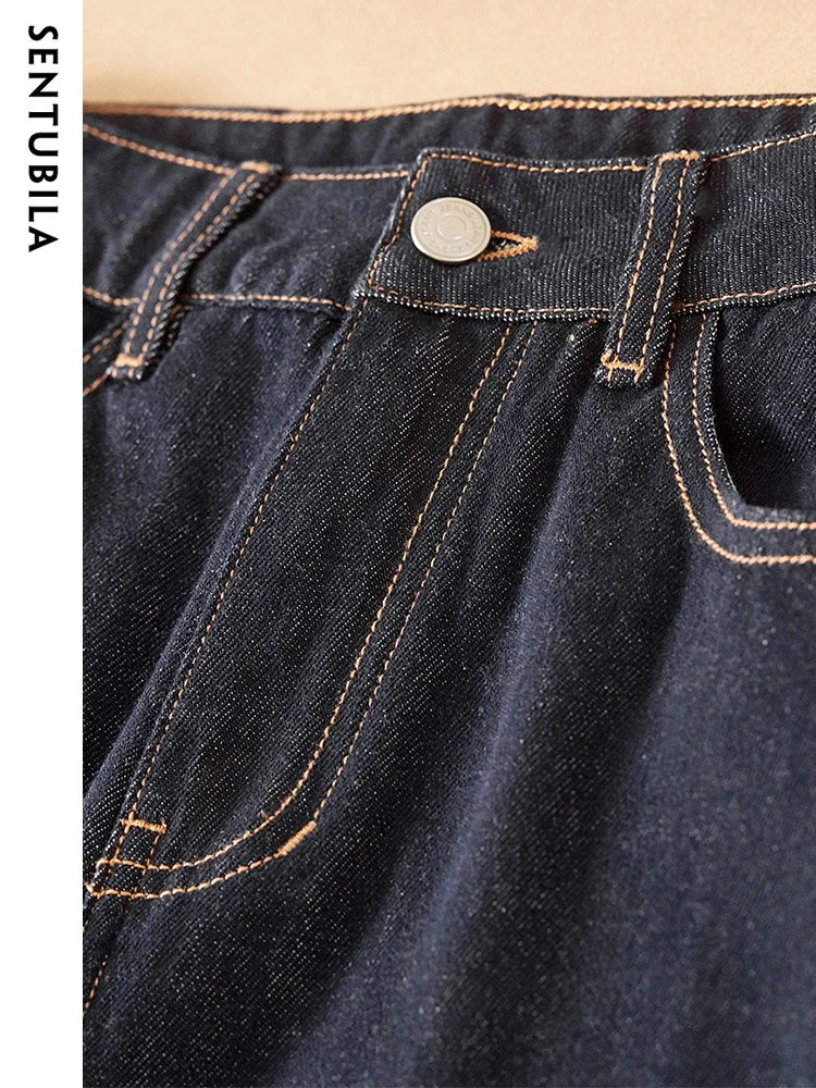Sentubila High Waist Blue Jeans for Women 2023 Spring Summer Fashion Solid Straight Leg 100%  Cotton Pants Streetwear Trousers