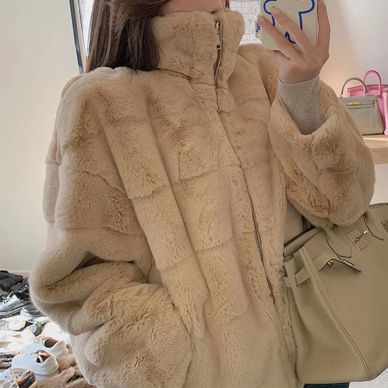 rabbit Fur coat khaki women's top faux fur coat zipper luxury autumn luxury Winter Faux Mink Fur Coat Women Thicken Korean