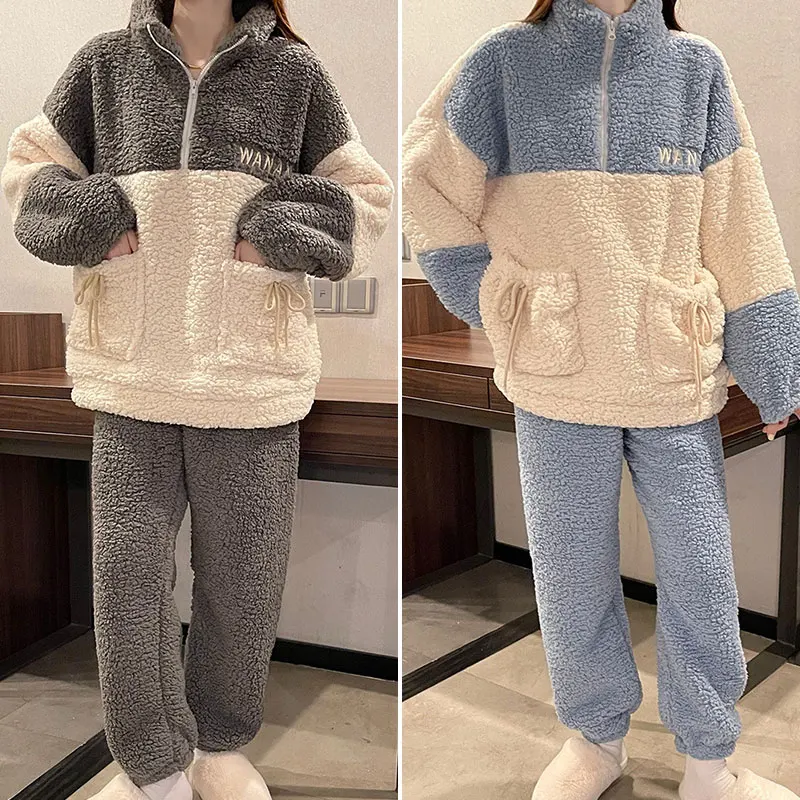 Pajamas Sets Women Coral Fleece Winter Thick Warm Flannel 2Piece /Set Pyjamas Suit Casual Nightwear Home Clothes Soft Sleepw