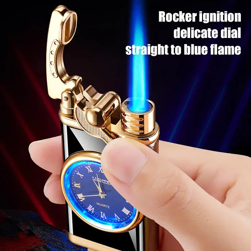 

New Rocker Arm Automatic Ignition Lighter Straight To Blue Flame Lighter Creative Real Dial Windproof Lighter Men's Gift