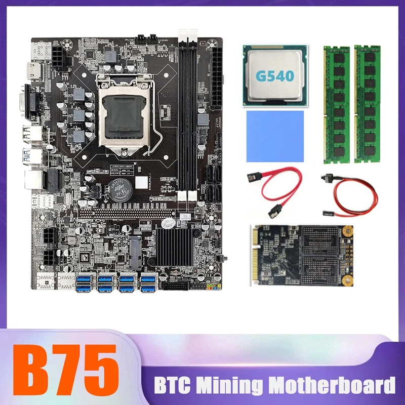 B75 BTC Miner Motherboard 8XUSB+G540 CPU+MSATA SSD 128G+2XDDR3 4G 1333Mhz RAM+SATA Cable+Switch Cable+Thermal Pad