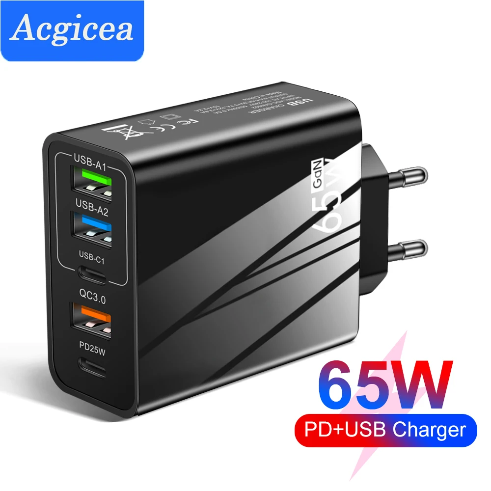 

65W USB Charger 5 Ports GaN Fast Charging Mobile Phone Charge Adapter For iPhone 14 Huawei Xiaomi Quick Charge 3.0 Wall Charger
