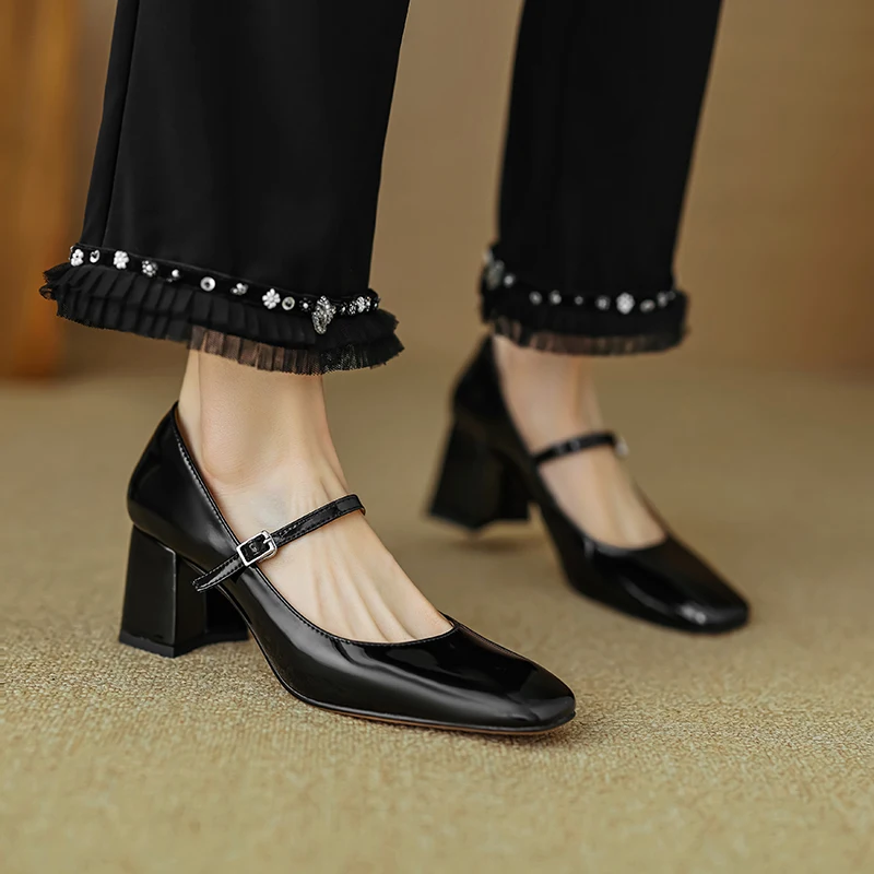 Туфли-лодочки женские из лакированной кожи Туфли Мэри Джейн на толстом каблуке с