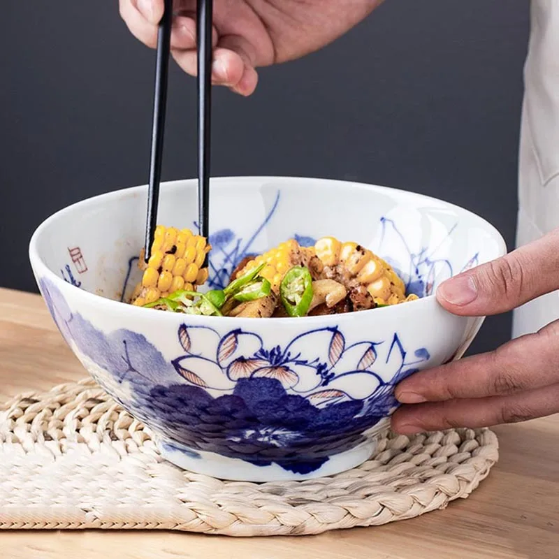 

7/8 inch Creative Hand Painted Ramen Bowls Jingdezhen Ceramic Fruit Salad Mixing Bowl Underglaze Color Porcelain Utensils Bowls
