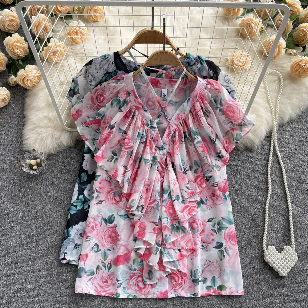 

Женская шифоновая рубашка с V-образным вырезом, свободная блузка без рукавов с цветочным принтом в виде листьев лотоса, лето 2022