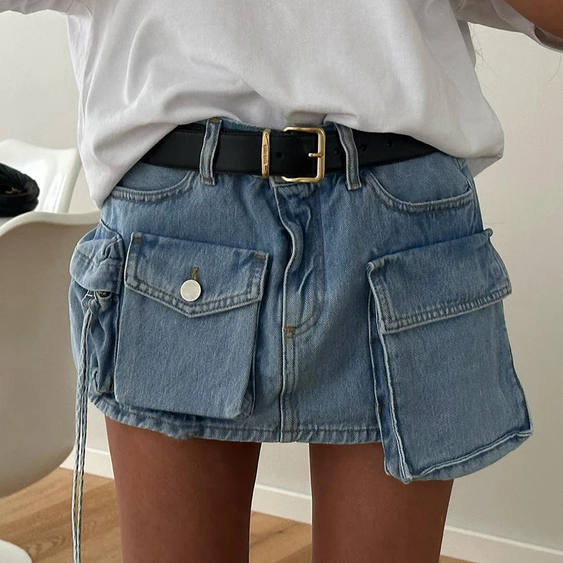 Y2K Summer Women Vintage Streetwear Korean Denim High Waist Knee Length Wide Leg Pockets Baggy Cargo Skirts Harajuku Clothes