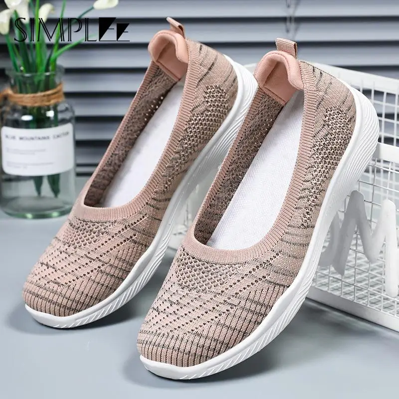 

Women's Shoes Casual Light Knitted Flats Summer Breathable Mesh Sneakers Lady Vulcanized Shoes Outdoor Slip-On Walking Footwear