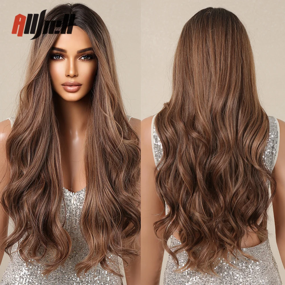

Long Chestnut Golden Brown Wavy Wig Synthetic Natural Wave Hair Wigs for Black Women High Temperature Fibre Cosplay Daily Wig