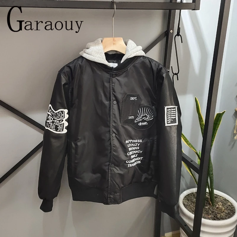 

Garaouy New Embroidery Jacket All-Match Splicing Fake Two Baseball Hoodie Women Men Loose Casual Cool Lovers Wear Sweatshirt