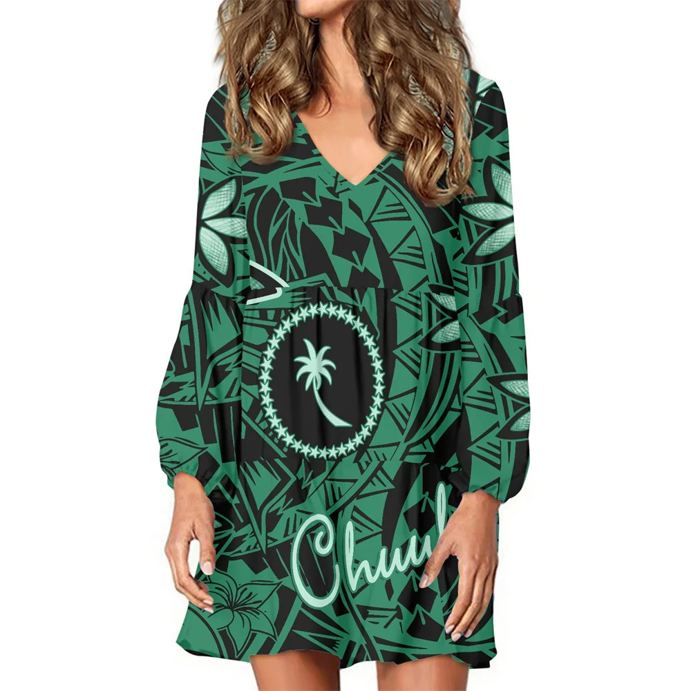 

Print On Demand Ladies Custom Loose Lantern Sleeve Dress Autumn Dress Polynesian Tribal Chuuk Islands Flowers Print V-neck Dress