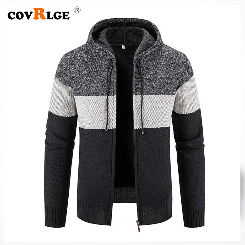 

Мужской свитер с капюшоном Covrlge, повседневный теплый флисовый плотный полосатый кардиган с воротником-стойкой, вязаное пальто на молнии, Мужская Уличная одежда MWK077
