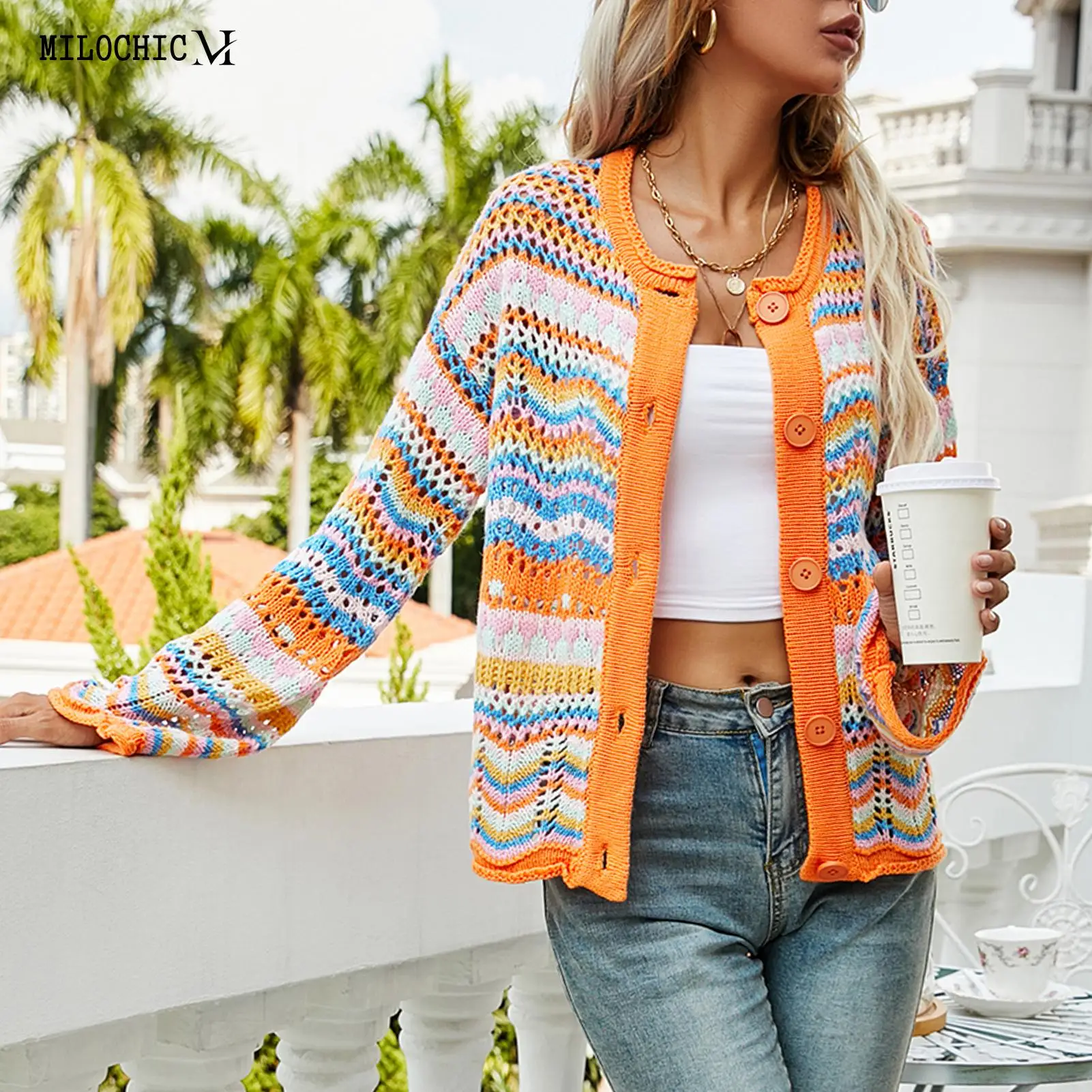 

Кардиган для женщин, полосатый свитер радужного цвета, женский повседневный кардиган, открытые спереди свитера, повседневная одежда с вырезами