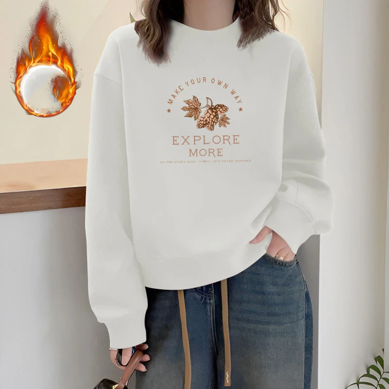 Autumn Winter Flocking Round Neck Pullover Cartoon Letter Printing Lantern Long Sleeve Hoodies Women's Clothing High Street Tops