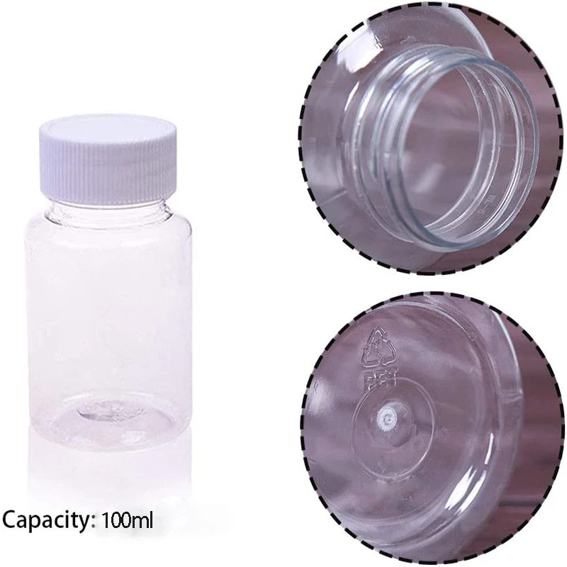 

20pcs 50ml 100ml PET Plastic Lab Chemical Reagent Bottle Wide Mouth Liquid/Solid Storage Container Clear Bottles