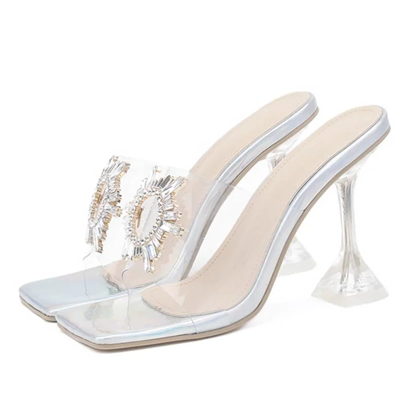 

Босоножки стразы на высоком каблуке с квадратной головкой, прозрачные босоножки с лазерным рисунком, большие размеры, бокалы для вина, женс...