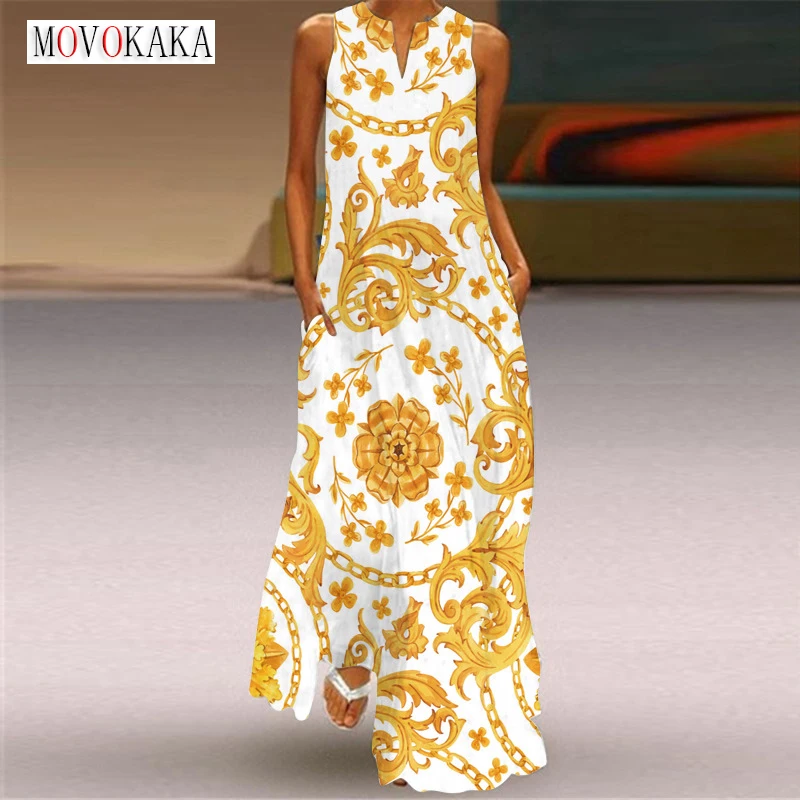 

WAYOFLOVE Ladies Spring Summer White Long Dress Sleeveless Slim V-neck Casual Beach Dresses Elegant Party Printing Women's Dress