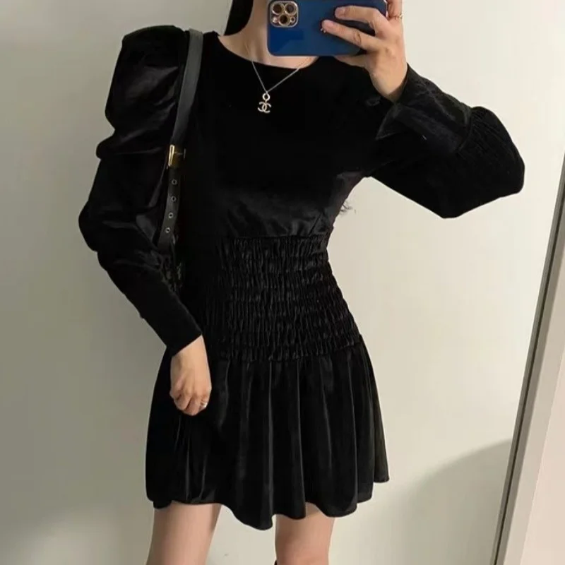 

Korean Chic Spring Dress Simple Minority Temperament Black Short Skirt Round Neck Fold Waist Bubble Sleeve Women Rachel