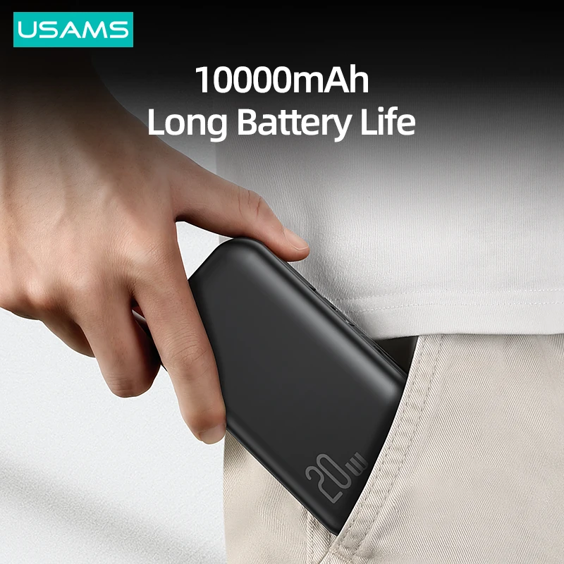 USAMS Power Bank 10000mAh With 20W PD Fast Charging Powerbank 3 In 1 Wall Charger With Cables US EU Plug For iPhone Huawei Phone