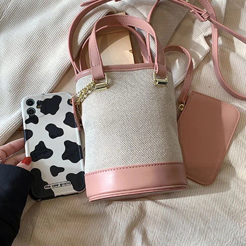 Contrast Canvas Leather Panel Shoulder Bags Simple Fashion Cylindrical Handbag New Portable Bucket Crossbody Bag Purse Storage