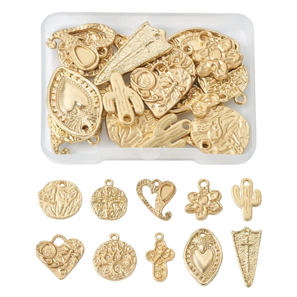 

20Pcs Matte Style Cross Heart Flat Round Shape Charms Real 14K Gold Plated Alloy Pendants For Jewelry Necklace Earring Making