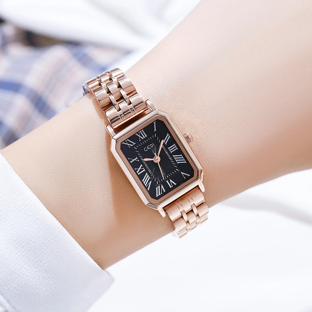 GEDI Fashion Rectangle Silver Stainless Steel Ladies Watch 30m Waterproof Roman Dial Quartz Watch for Women Gifts Dropshipping