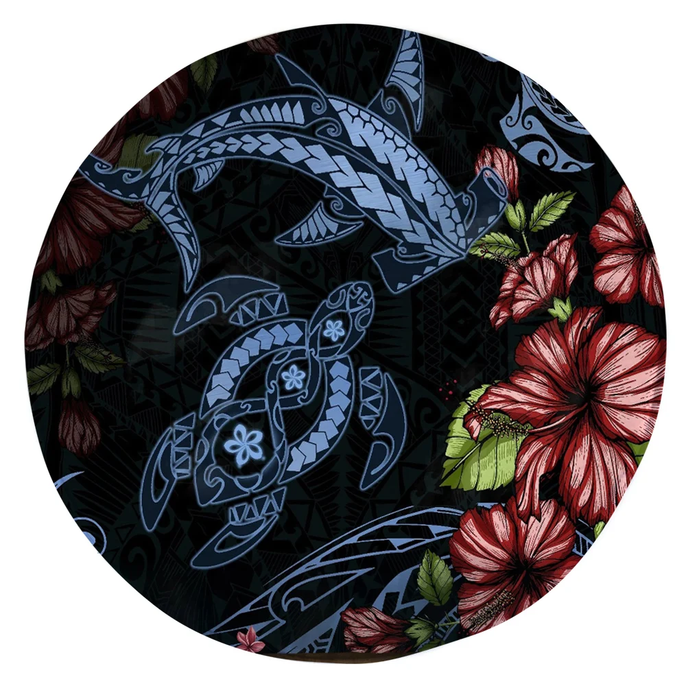 

CLOOCL Polynesia Flannel Round Mats Floral Sea Turtle Shark Tattoo Pattern Carpets for Living Room Area Rugs for Bedroom