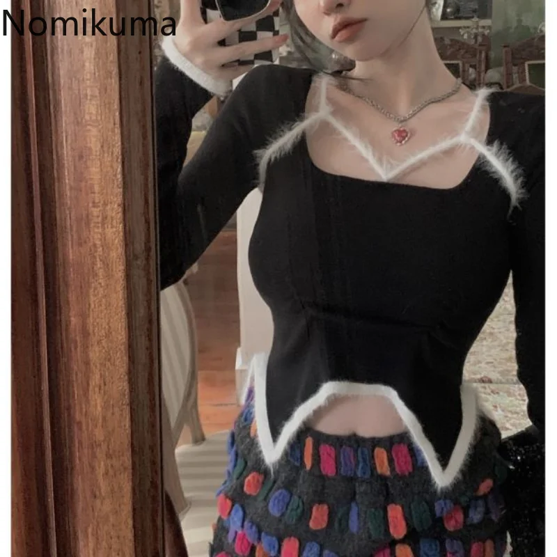

Топы Nomikuma Y2k, весна-осень, квадратный вырез, высокая талия, асимметричный подол, женская одежда, элегантные модные милые сексуальные футболки с длинным рукавом