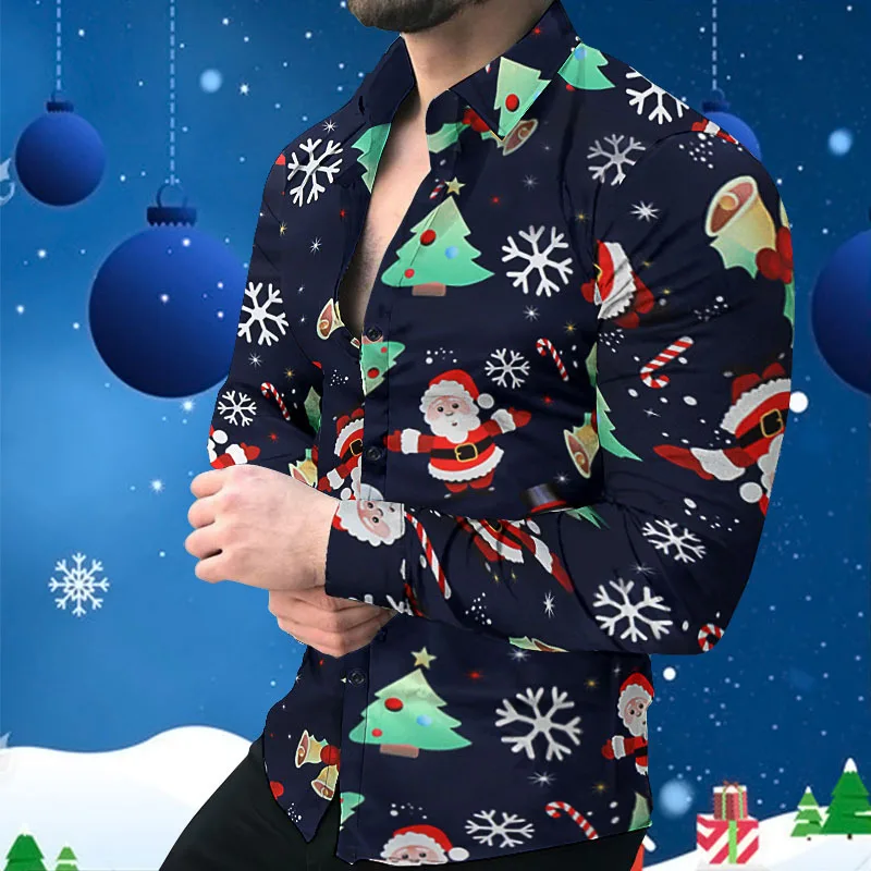 Christmas Shirts For Men Designer Clothes Long Sleeve Blouses Vintage Tops Spring Autumn Male Thin Lapel Printed Casual Blouses