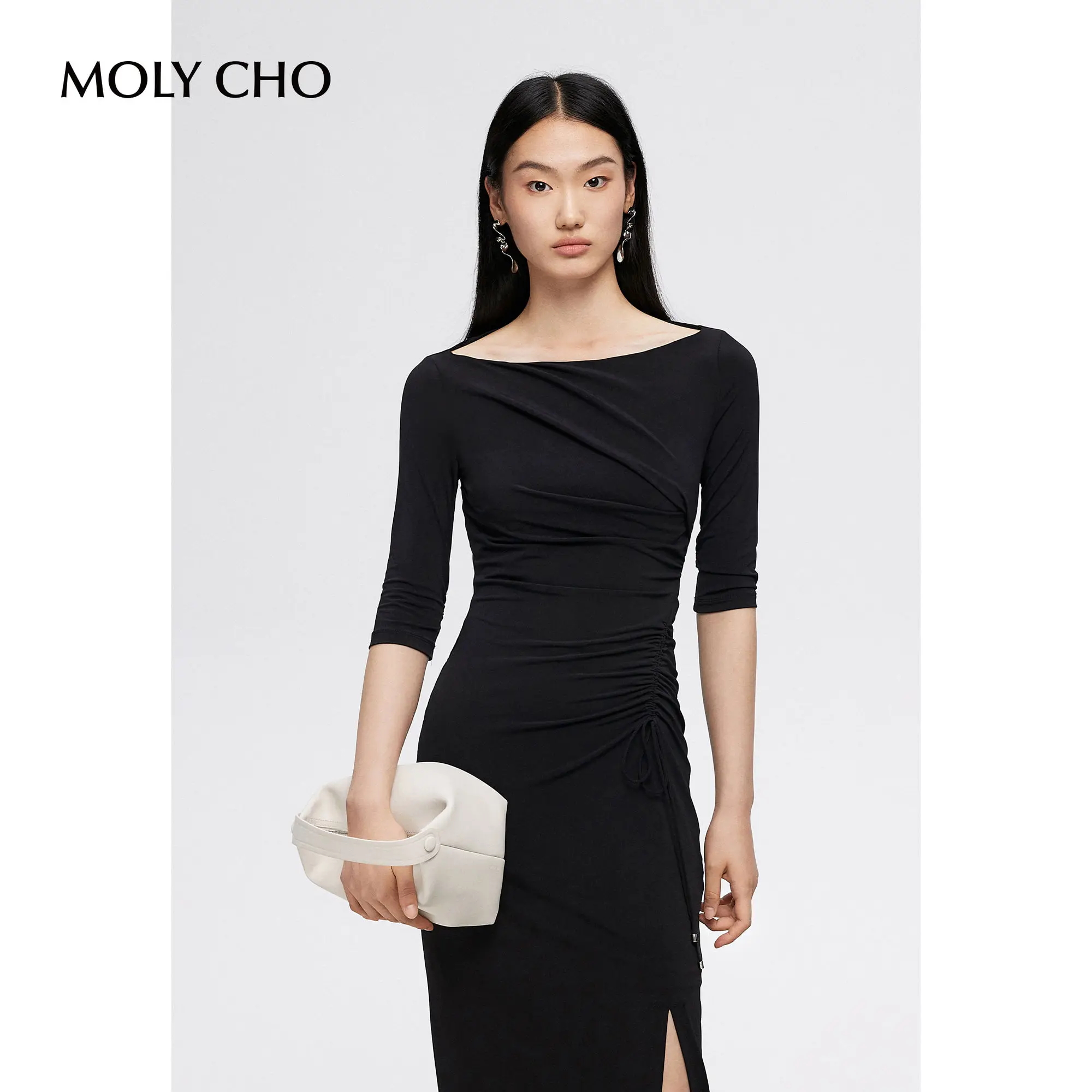Off Shoulder Waist Wrapped Dress for Women Summer Drawstring Pleated Slim Fit Medium Length Dress with Split Back Small Black