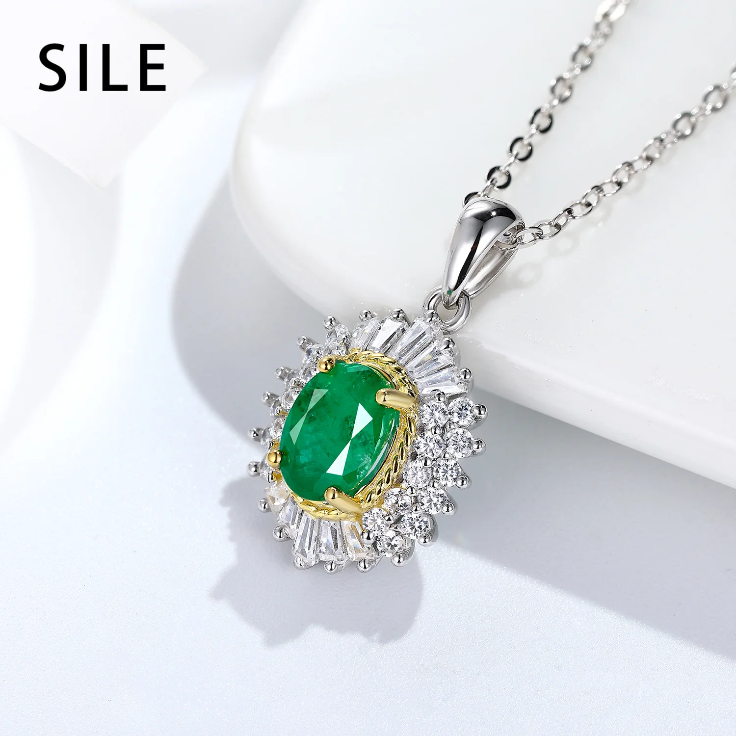 

SILE Natural Emerald Gemstone Pendants Women's 925 Sterling Silver Necklaces Luxury Jewelry Party Birthday Wedding Jewels Gifts