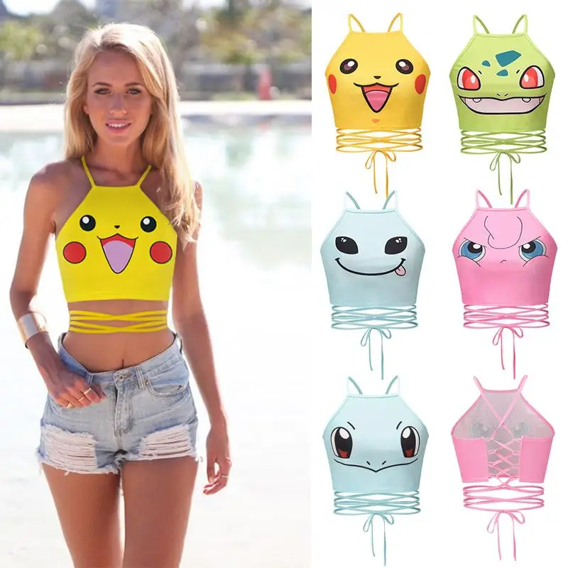 

New Cartoon Pokemon Pikachu T-Shirts Tops Girls Sexy Vest Hollow Backless Camisole Summer Women Kawaii Top Kids Clothes Gift