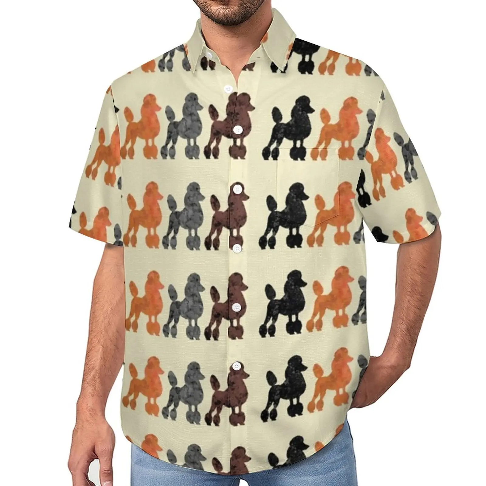 

Cute Poodle Print Blouses Men Four Dogs Casual Shirts Hawaii Short Sleeve Street Style Oversized Vacation Shirt Birthday Present