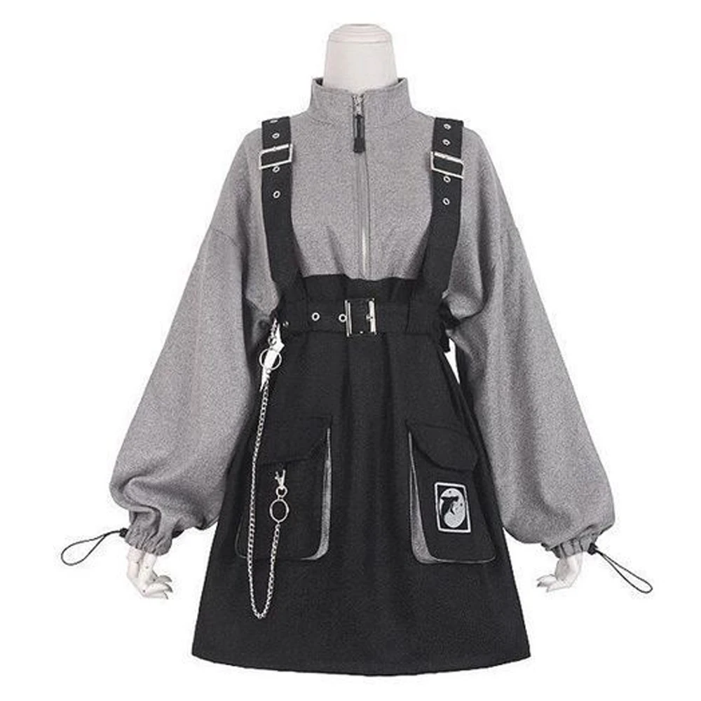 

2022 Retro Vintage Women Gothic Girls Punk Mini Dress High Waist Long Sleeve Hat Collar Sexy Gry Black Lolita Plus Size Jurken