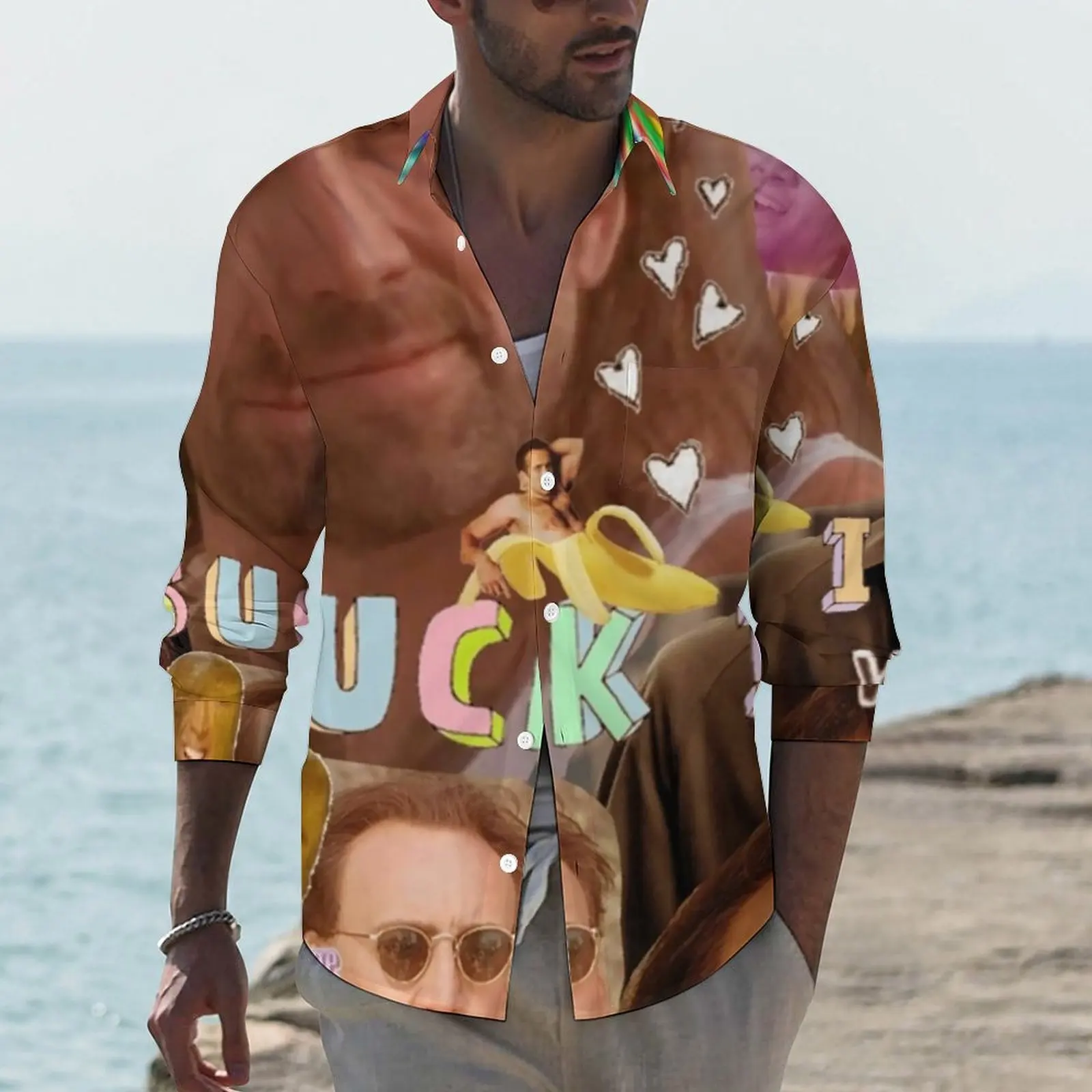 

Nicolas Cage Collage Shirt Man Funny Memes Casual Shirts Autumn Y2K Graphic Blouses Long Sleeve Trendy Oversized Clothing Gift