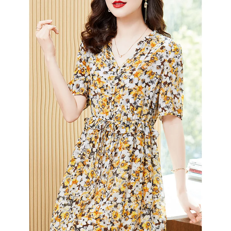 Summer Dress Women Clothes Elegant Silk Dress V-neck Sexy Dress Casual Dresses Sweet Fairy Dress Orange Floral Dress Vestidos Zm