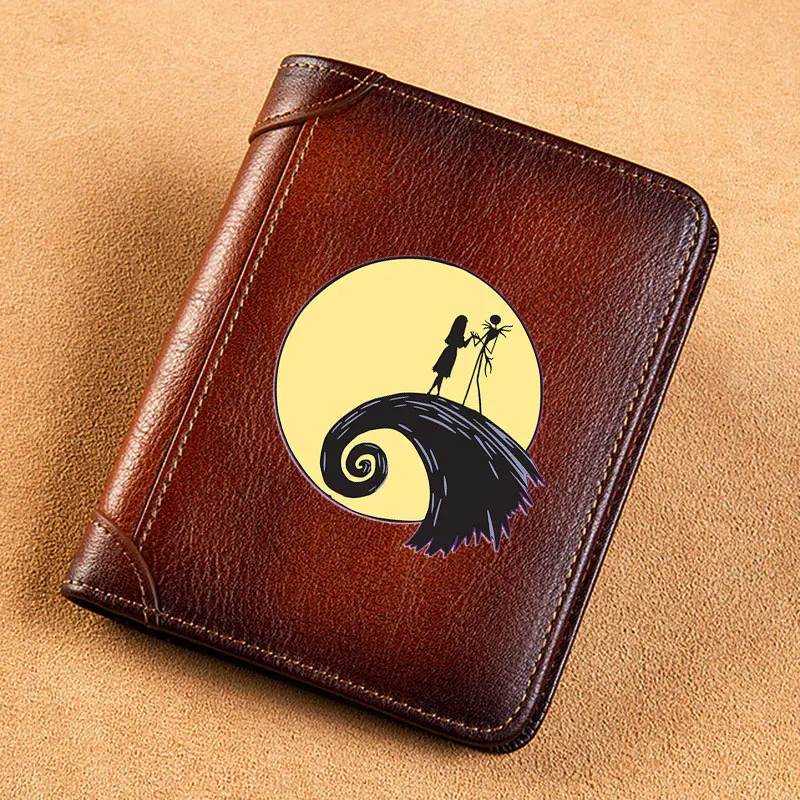 High Quality Genuine Leather Men Wallets The Nightmare Moon Couple Printing Short Card Holder Purse Billfold Men's Wallet