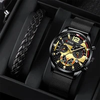 fashion mens sports watches luxury men stainless steel mesh belt quartz wristwatch mens business casual leather bracelet watch